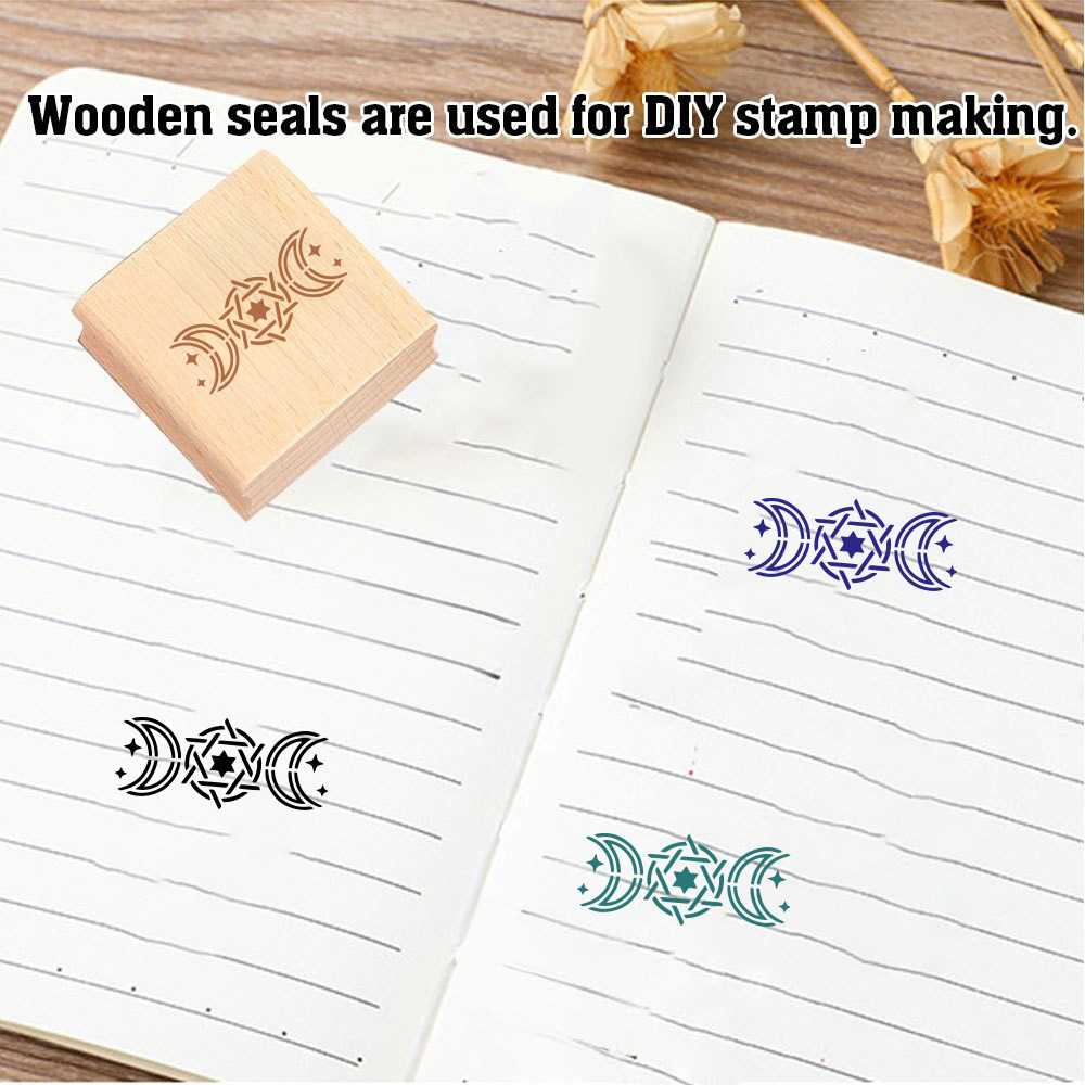 Natural Wooden Rubber Stamp with Moon Life Cycle and Hexagram Design